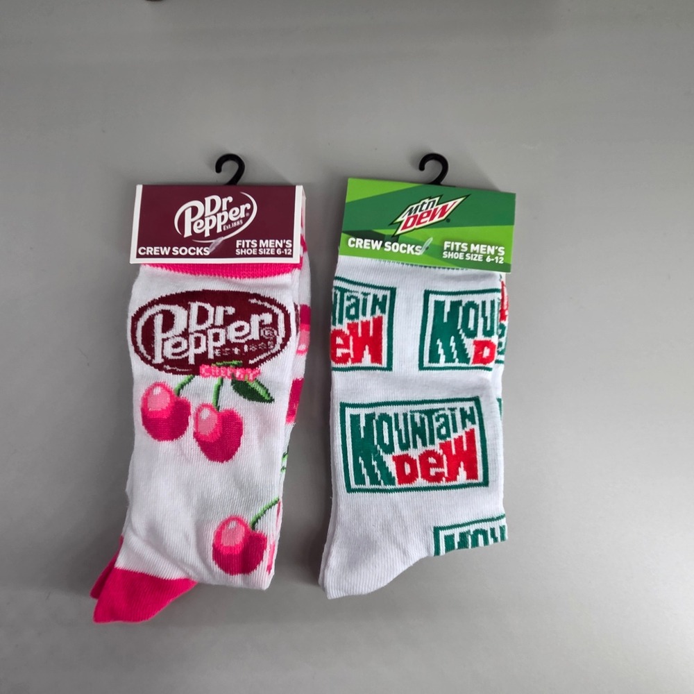 Odd Sox Crew Socks Mens 6-12 Dr Pepper Cherry Mountain Dew Soda Novelty‎ 2 Pack